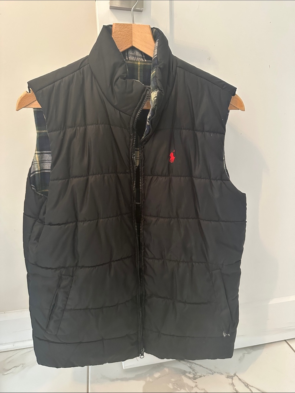 Polo by Ralph Lauren Mens Reversible Black Quilted Down Vest - Small Rip on Left
